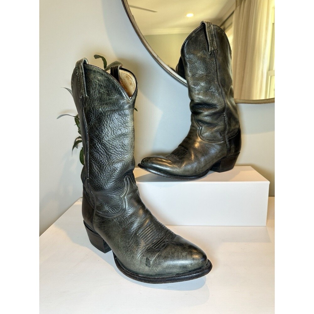 Vintage Tony Lama 6156 Men 9.5 D Black Olive Distressed Leather Cowboy Boots USA